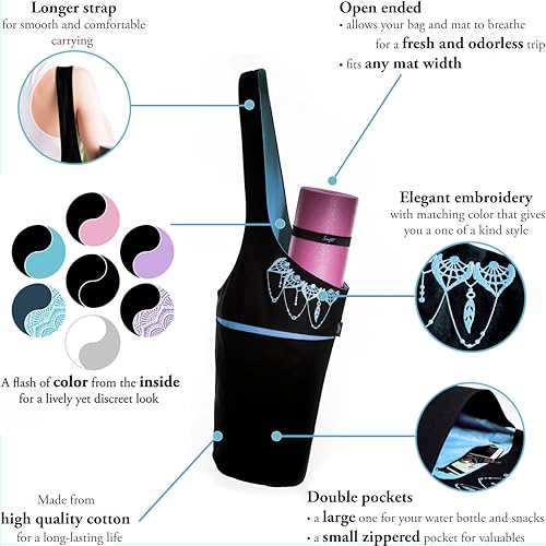 Yoga Mat Bag & Carrier with Pockets for Women - color: Black & Azure Blue