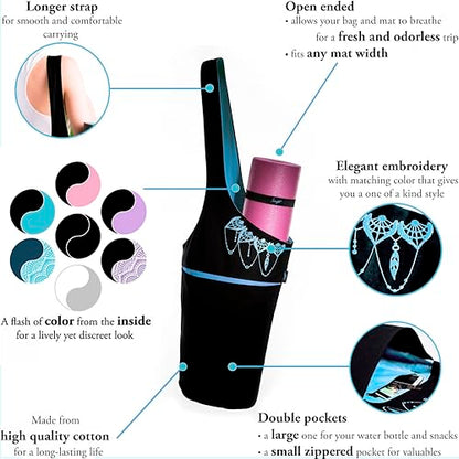 Yoga Mat Bag & Carrier with Pockets for Women - color: Black & Azure Blue