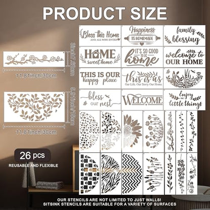 Sitsink Welcome Home Stencils for Painting - 26 Pcs Reusable Art Templates, Happy Family Blessing Stencils for Wood Sign Wall DIY Crafts Gift Projects - style: welcome home