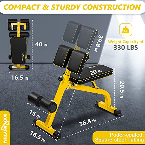 BODYRHYTHM Compact Adjustable Weight Bench for Full Body Strength Training, Ab/Back Hyper Roman Chair, Adjustable Ab Sit up Bench, Incline Decline Bench, Flat Bench, Hyperextension Bench, Back Extension Machine - color: Yellow