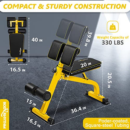BODYRHYTHM Compact Adjustable Weight Bench for Full Body Strength Training, Ab/Back Hyper Roman Chair, Adjustable Ab Sit up Bench, Incline Decline Bench, Flat Bench, Hyperextension Bench, Back Extension Machine - color: Yellow