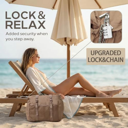 Omanmoli Beach Bag for Women Large Waterproof Sandproof Tote 40oz Holder | Anti-theft Lock & Chain,12 Pockets,2 Insulated Foil Pockets,Checkered,Cruise Travel Vacation Picnic Pool Work Gym,Checkered - color: Khaki