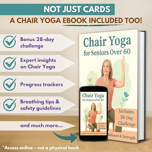 Chair Yoga for Seniors Over 60 – 70 Exercise Cards with Videos & Workout Plan – Includes 5-Week Challenge, Ebook, Chart & 2 Rings for Easy Organization – Weight Loss Guide for Women & Men