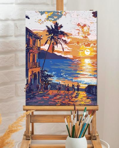 TOCARE Framed Paint by Numbers Kit for Adults, 12x16Inch Hawaii Sunset Paint by Numbers with Frame, Beach Adult Paint by Number Framed Canvas Nature Scenery(Without Easel) - color: TC-F-207