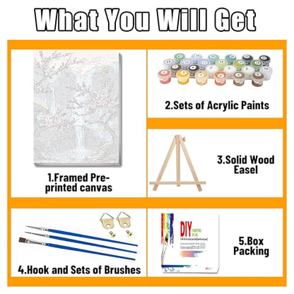 Paint by Numbers with Frame Wooden Easel-Plum Blossom Paint by Number Adult,Waterfall Paint by Numbers Framed Canvas,Adult Paint by Number Kits on Canvas Framed Gifts and Home Wall Decor 12x16inch - color: Plum Blossom