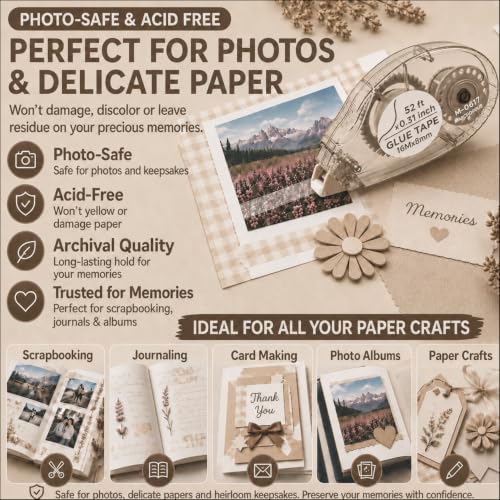 MARCADORUS Double Sided Tape Roller, Scrapbook Tape Runner Extra Long 52Ft | 52Ft x 0.31In Per Roller, 416Ft Total, Permanent, Acid-Free, Adhesive Photo Tape for Scrapbooking, Journaling & Paper Crafts - size: 52.5 Ft x 0.31 In : 8 Pack