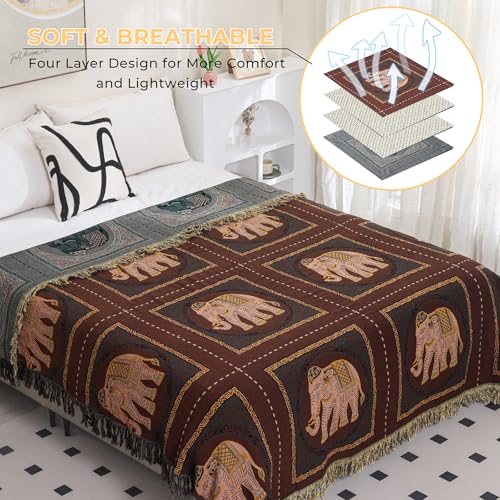Elephant Pattern Boho Throw Blanket for Bed Couch 60"×80" Brown - color: Brown Elephant, size: 60''x80''