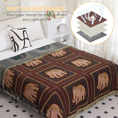 Elephant Pattern Cotton Boho Throw Blanket for Bed with Tassels 80"×90" - color: Brown Elephant, size: 80"x90"