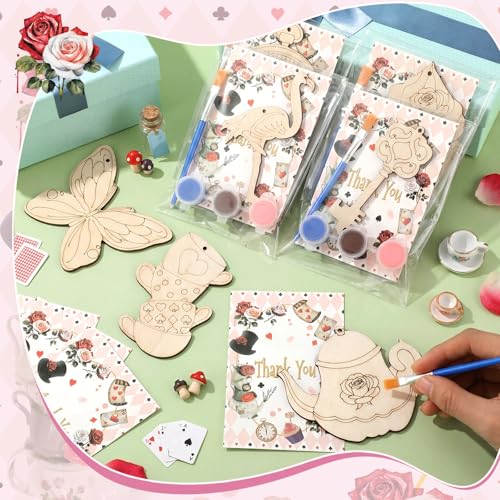 Saypacck 24 Pcs Wonderland Party Favors Wooden Paint Craft Kits | 8 Unicorn Butterfly Designs, Paint Colors Included, Goodie Bags Fillers Wonderland Decorations Fairy Wands Theme Crafts - style: Wonderland