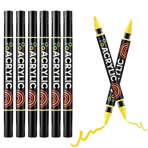 Dual Tips Acrylic Paint Markers - Fine Tip and Brush Tip Acrylic Paint Pens for Stone,Paper,Wood,Glass,Fabric Paint,DIY Crafts (6, Lemon Yellow) - color: Lemon Yellow