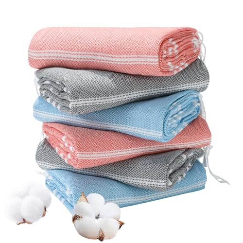 Genovega 6 Packs Oversized Turkish Beach Bath Towel Set Bulk 74"x38" Extra Large Sand Free Quick Dry Swim Camping Pool Clearance Towels Travel Blanket Adult Essentials Light Blue Grey Coral Stripe - color: Multi Stripe Two