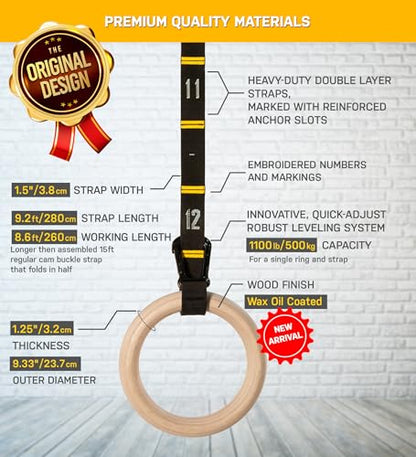 Double Circle Gymnastics Rings with Quick Adjust Numbered Straps and Exercise Videos Guide - Full Body Gym Rings - Calisthenics Rings Wooden Rings 1.25" (Wax Oil Finish)