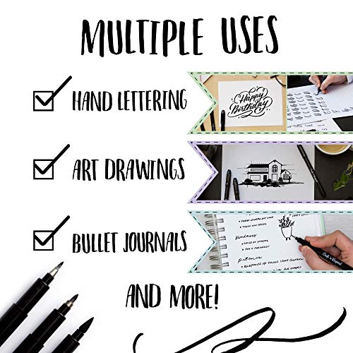 Craft 'n' Beyond Calligraphy Brush Pens Pack of 3 Small, Medium and Large Markers for Hand Lettering, Art Drawing, Sketching, Scrapbooking, Writing, Journaling - Beginner Kit with Fadeproof Black Ink - color: Black- Pack of 3