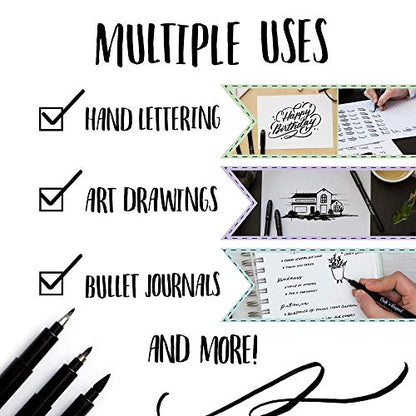 Craft 'n' Beyond Calligraphy Brush Pens Pack of 3 Small, Medium and Large Markers for Hand Lettering, Art Drawing, Sketching, Scrapbooking, Writing, Journaling - Beginner Kit with Fadeproof Black Ink - color: Black- Pack of 3