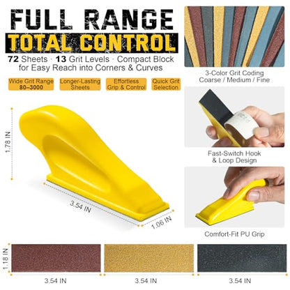 72PCS Premium Sandpaper Set with Ergonomic Hand Sander – Micro Sander & Detail Sander Sanding Sheets, 13 Grit Levels 80–3000, Color-Coded Sandpaper for Wood, Crafts, DIY & Furniture Projects
