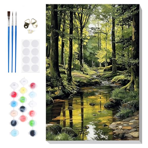 Bowetile Framed Paint by Numbers Forest Kit for Adults, Adults' Paint-by-Number Kits on Canvas, Painting by Numbers Landscape, Acrylic Number Painting Gifts for Home Wall Decor, 8x12in - color: Landscape, Forest