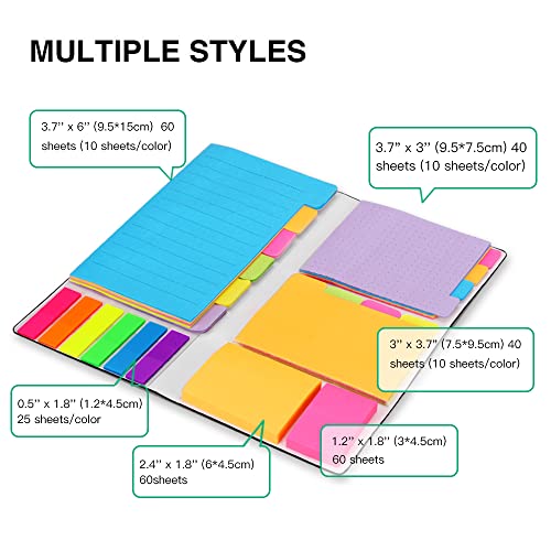 Sticky Notes Set, Hommie Colored Divider Self-Stick Notes Pads Bundle, Prioritize with Color Coding, 60 Ruled (3.7x6), 40 Dotted (3.7x3), 40 Blank (3x3.7), 60 Per Rectangular, 25 Per PET Color - color: Colorful-bright Rainbow