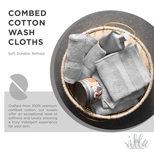 Villa Celestia Cotton Washcloths Set of 12, 12x12 Inch, 100% Ring-Spun Combed Cotton, Soft Absorbent Quick-Dry Wash Cloths for Face and Body, Oeko-TEX Certified, Hotel & Spa Quality, Silver Grey - color: Silver Grey, size: Washcloth - Pack of 12