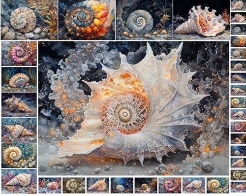 Decoupage Paper Pack (35 Sheets 6"x8") Spiral Shells Collection ~ Intricately Painted Underwater Snail and Conch Shells in Dreamy Ocean Landscapes, Rich in Detail, Texture, and Marine Color - color: eight