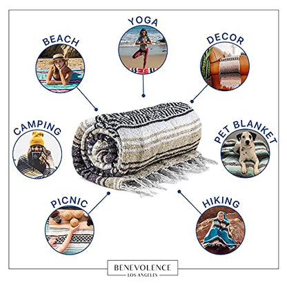 Benevolence LA Authentic Mexican Blanket – Handwoven Falsa Serape Throw – Beach, Camping, Picnic & Yoga Blanket – Lightweight Cotton Throw for Outdoor & Home – Sand, 50x70 in - color: Sand