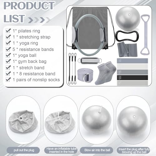 RoundFunny Pilates Ring Circle Set 18 Pcs Exercise Equipment Accessories for Women Workouts Pilates Ball Stretching Strap Magic Circle Yoga Ring Gym Back Bag Resistance Band Anti Slip Socks - color: Grey