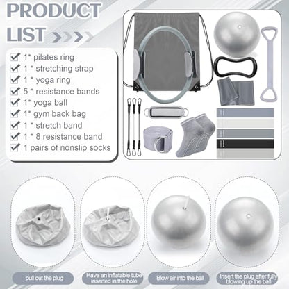 RoundFunny Pilates Ring Circle Set 18 Pcs Exercise Equipment Accessories for Women Workouts Pilates Ball Stretching Strap Magic Circle Yoga Ring Gym Back Bag Resistance Band Anti Slip Socks - color: Grey