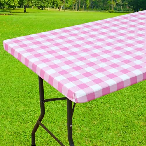 Smiry 4 Foot Picnic Table Cloth, Flannel Backed Fitted Vinyl tablecloths | Waterproof Elastic Rectangle Tablecloth ,Buffalo Plaid Table Covers for Dining, Camping, Outdoor (Pink and White, 30" x 48") - color: Pink and White, size: 48" x 30" (Rectangular)