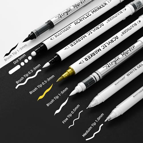 White Acrylic Ink Pens, Gel Ink Pen, Gold & Black Brush Markers, 7Pcs | 0.5/1.0mm White Gel Ink Pen, Dual-Tip Opaque White Paint Pens for Dark Paper Drawing, Sketching, Rock, Ceramic, Glass - color: Gold, Black, White, size: 0.5/6mm