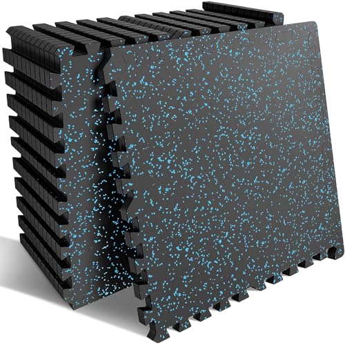 Garvee Exercise Equipment Mats 0.56" Thick 96 Sq ft Gym Flooring – 12 Tiles (24" x 24") Rubber Top with High Density EVA Foam, Interlocking Puzzle Workout Mats for Home Gym Exercise– Black/Blue - color: Black/Blue, size: 12 Tiles (48 Sq Ft)