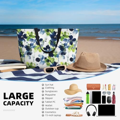 Large Beach Bag for Women Waterproof Foldable Travel Shoulder Tote Bag with Pocket for Weekender Pool Vacation - color: Floral White