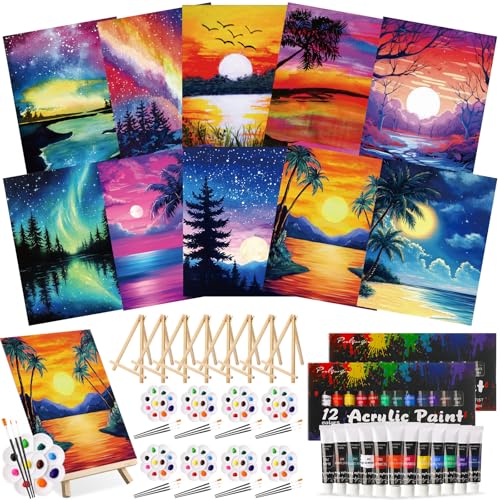Ctosree 72 Pcs Vivid Sunset Paint and Sip Kit for Adults 8'' x 10'' Pre Drawn Canvas for Painting DIY Pre Printed Canvas for Party Favor Acrylic Painting Kit Wood Easel Brushes Date Night Bulk - style: Vivid Sunset