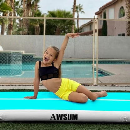 AWSUM Inflatable Gymnastics Mat with Air Roller Barrel Tumbling Equipment - color: Mint Green/White+Green/Black Roller, size: 10ft*3.3ft*4in&(L)40in*(Diam)23.6"