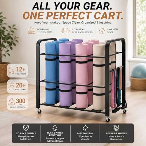 32'' x 21'' x 31'' Yoga Mat Storage Cart with Wheels, Floor Metal Gym Foam Rollers Storage Organizer, Yoga Mat Holder Basket for Commercial and Home Gym Accessories