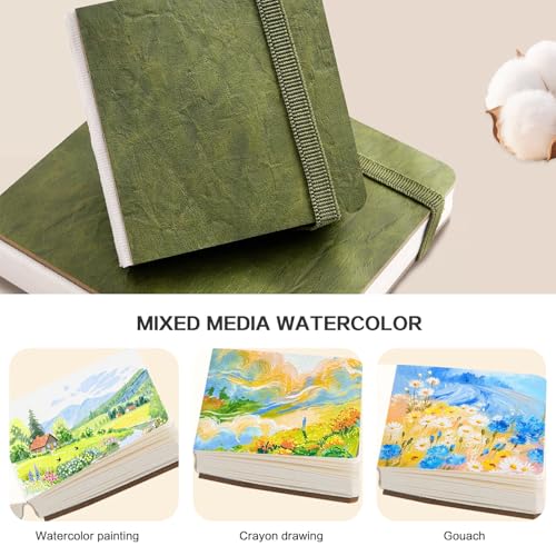 Watercolor Journal, 6.5x6.5-100% Cotton, 30 Sheets | 100% Cotton Cold Press, Acid Free, 140LB 300GSM, Wide Elastic Band, For Watercolor, Gouache, Acrylic, Ink & Mixed Media