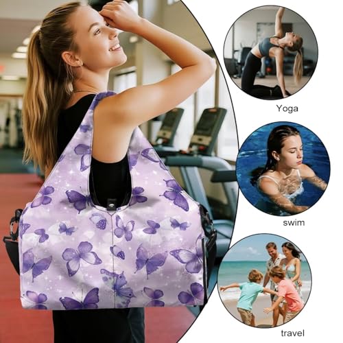 Gym Bag with Yoga Mat Holder Large Tote Bag With Multi Pockets for Women Men Dry Wet Separated Pocket Carryall Yoga Tote Bag for Pilates Travel Workout Office - color: Purple Butterfly