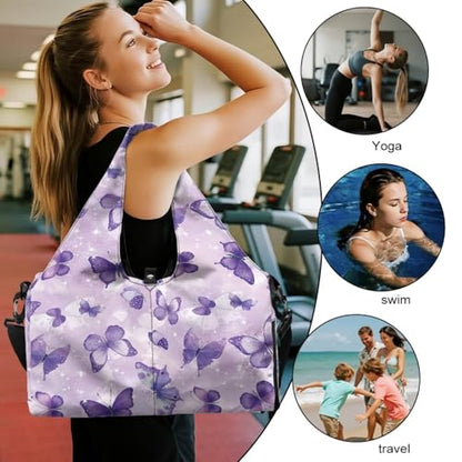 Gym Bag with Yoga Mat Holder Large Tote Bag With Multi Pockets for Women Men Dry Wet Separated Pocket Carryall Yoga Tote Bag for Pilates Travel Workout Office - color: Purple Butterfly