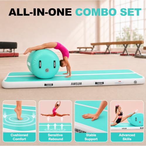 AWSUM Inflatable Gymnastics Mat with Air Roller Barrel Tumbling Equipment - color: Mint Green/White+Green/Black Roller, size: 10ft*3.3ft*4in&(L)40in*(Diam)23.6"