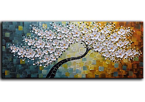 YaSheng Art - Large Canvas Wall Art ,100% Hand Painted Floral Wall Art Oil Painting , 3D Texture White Flower Artwork Paintings, Modern Home Bedroom Living Room Wall Decor ,Abstract Art Painting, Framed Wall Art Pictures 24x60inch - color: YS-0010, size: