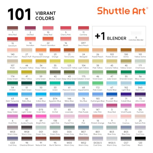 Shuttle Art 101 Colors Alcohol Markers, 100 Colors Dual Tip Art Marker Set Plus 1 Colorless Blender with Marker Case Perfect for Illustration Students Adult Coloring Sketching - color: 101 Colors