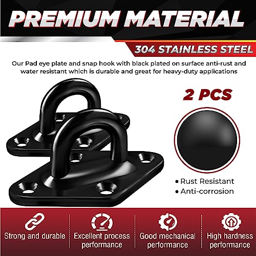 1700LB M10 Stainless Steel Pad Eye Hook+10MM Snap Hook, Hammock Hanging Kit