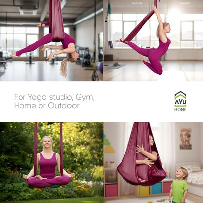 AyuHome Aerial Silks Yoga Swing Aerial Hammock Kit for Home | Premium aerial silks yoga swing kit with rigging hardware for aerial yoga, gymnastics, and home fitness - color: Aerial silk - Wine Red - New