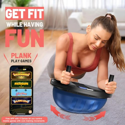 BODYRHYTHM 2 in 1 Balance Ball & Plank Board Trainer with Free iOS/Android App & 4 Free Games for Full Body Workout - Half Exercise Yoga Ball Trainer with 2 Bands & Pump for Strength Training - color: Blue