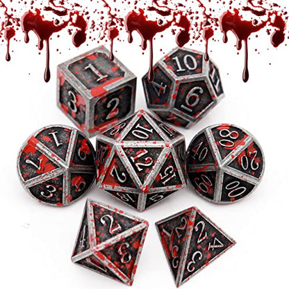 Haxtec Metal DND Dice Set, 7 Pcs Bloodstained Polyhedral Dice for RPG | Blood D&D Dice with Leather Bag, Compatible with Dungeons and Dragons, Heavy Metallic, Halloween Dice, TTRPG Gifts - color: Iron Red