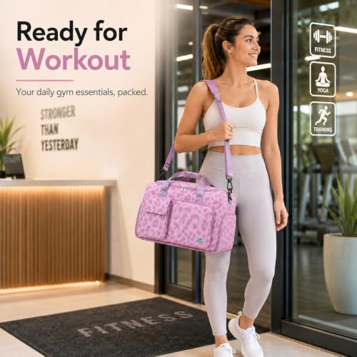 FIORETTO Women's Gym Duffle Bag with Shoes Compartment, 30L Capacity, Ideal for Travel, Gym, Sports, Duffel, Weekender - color: Leopard Pink, style: Gym Bag