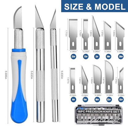 16 Pcs Craft Knife Set Exacto 3 Handles 10 Blades | High-Carbon Steel, Anti-Slip Silicone Handle, for Scrapbooking Stencil Architecture Wood Leather, Light Medium Heavy Duty