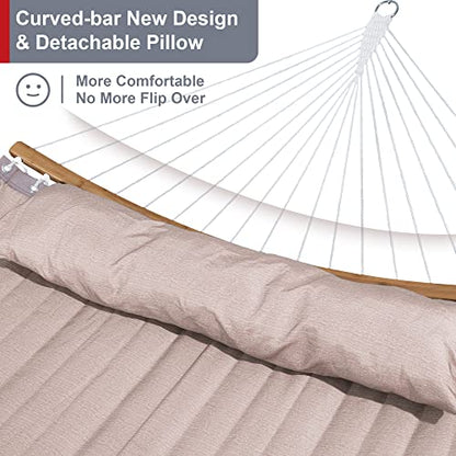 Double Hammock Curved Bar Hammock with 12FT Steel Stand, Tan | Heavy Duty Hammock with Curved Spreader Bars, Pillow, Safety Ropes and Portable Carring Bag, Large Hammock, Max 450 Lbs - color: Tan
