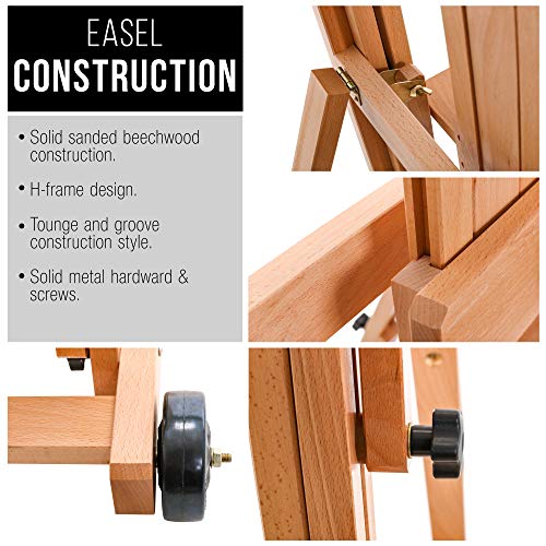 U.S. Art Supply Master Multi-Function Studio Artist Wooden Floor Easel | Large Heavy Duty Adjustable H-Frame, Tilts Flat, Mast Adjusts to 97" High, Beechwood Painting Canvas Holder Stand with Wheels