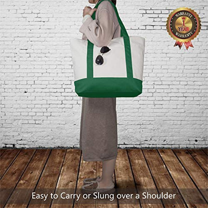 TOPDesign 1-Pack Canvas Tote Bag with an External Pocket, Reusable Grocery Shopping Bag, Top Zipper Closure, Daily Essentials (Green/Natural) - color: Green/Natural