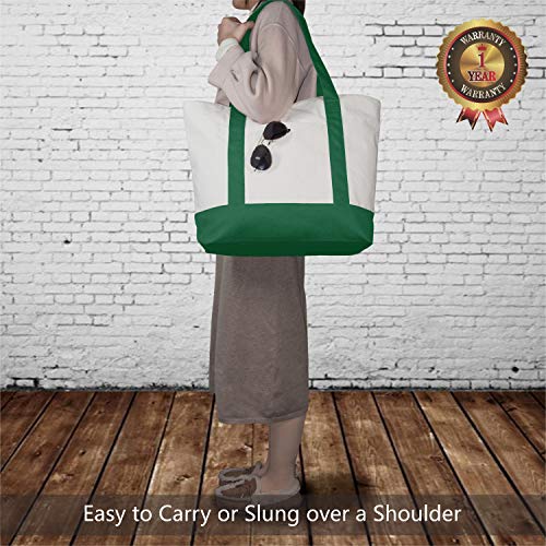 TOPDesign 1-Pack Canvas Tote Bag with an External Pocket, Reusable Grocery Shopping Bag, Top Zipper Closure, Daily Essentials (Green/Natural) - color: Green/Natural