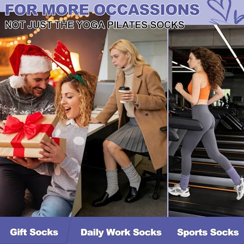 Pilates Grip Socks for Women, Non Slip Scrunch Yoga Socks for Home, Workout - color: 3pairs-black+lightgrey+purple